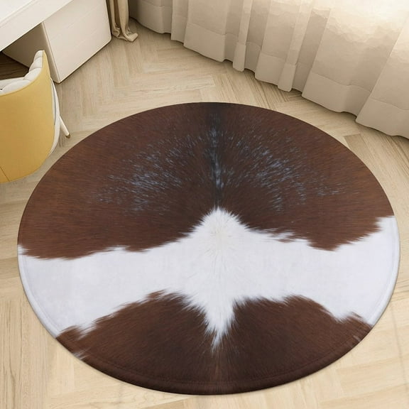 Brown And White Cowhide Pattern Round Area Rugs for Bedroom Living Room, 4FT Soft Comfy Indoor Circle Carpets, Carpet Home Decor Floor Mat