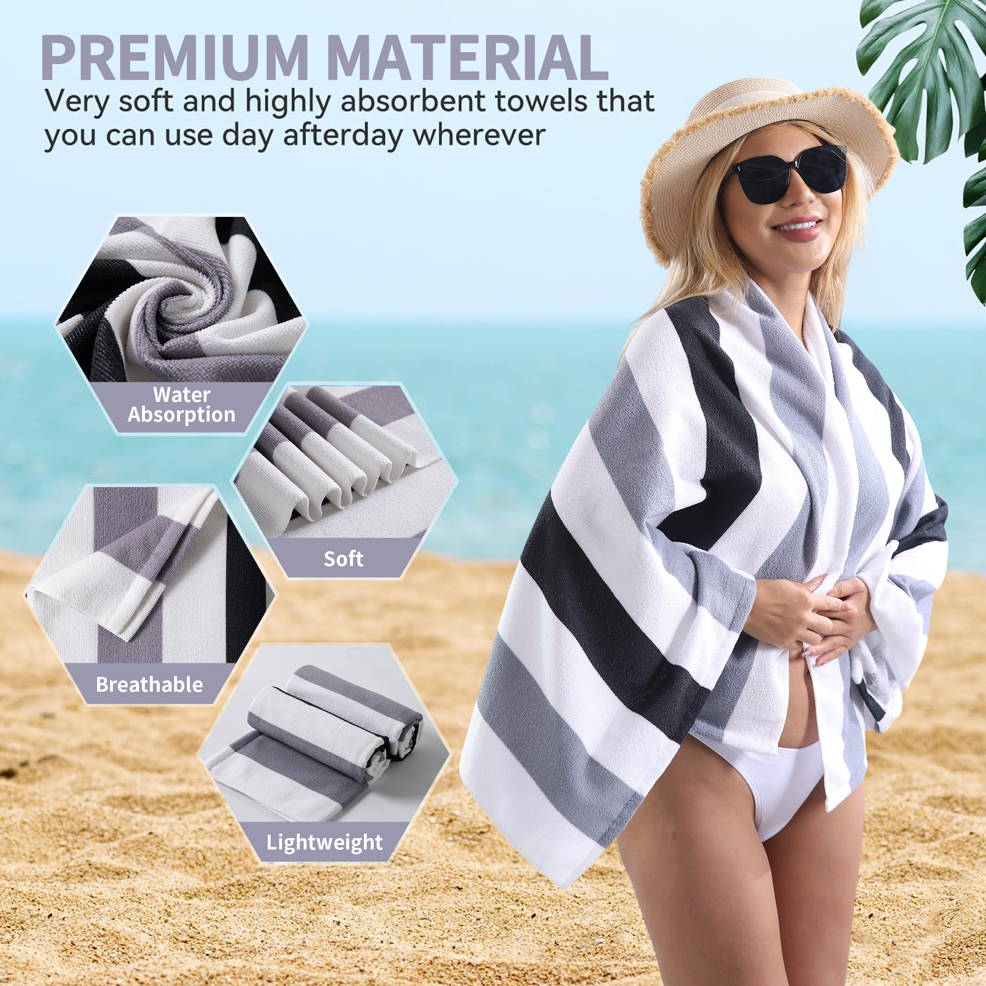 Jessy Home 4 Pack Large Oversized Beach Towels Set 30"*60" Cabana Stripe Pool Towel Gray Black Beach Sheet Towel