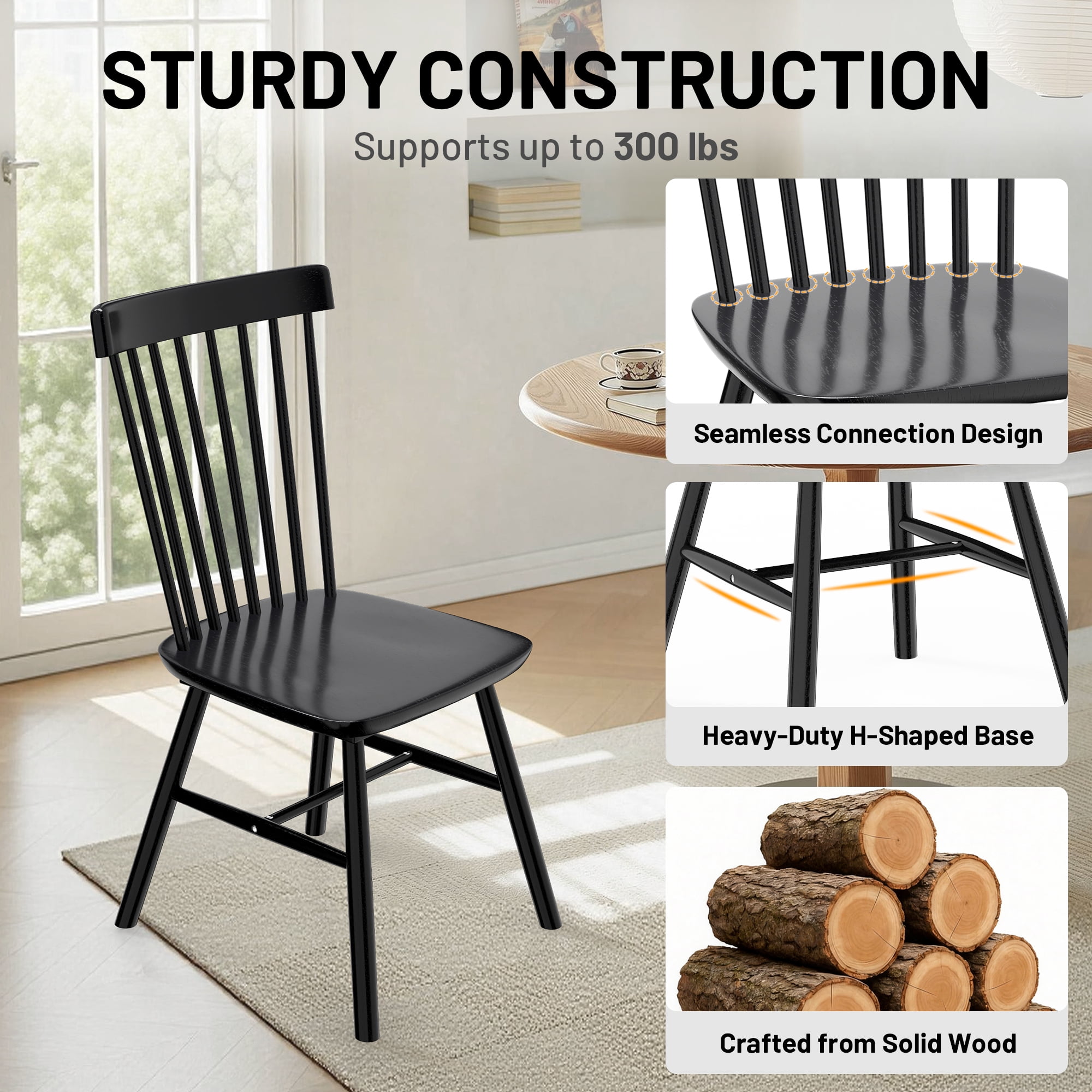 Dhole Windsor Spindle Back Dining Chair Set of 4, Solid Hardwood Kitchen and Dining Room Seating in Black