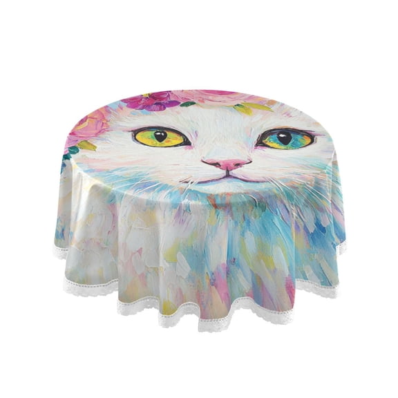 YAZAOO Round Tablecloth Cat with Floral Background Pattern Tableclothes