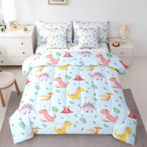 Homewish Cartoon Blue Dinosaur Twin Bedding Sets 7-Piece, Kawaii Animal Lover Bedding Comforter Set, Leaf Plant Botanical Reversible Sheet Sets, Ultra Soft Bedroom Decor