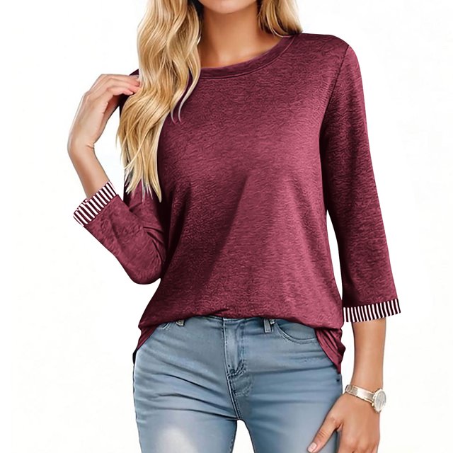 NJDVHB Hauts Décontractés d'Hiver pour Femmes, T-shirt Décontracté à Col Rond Rayé Patchwork Manches Trois-Quarts