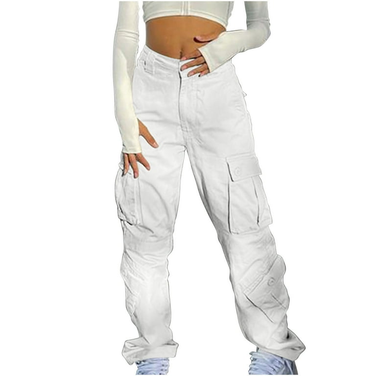 Clearance Vintage Casual Cargo Pants Women's Street Style Fashion Design  Sense Multi Pocket Overalls Drawstring Elastic Low Waist Sports Pants White  M 