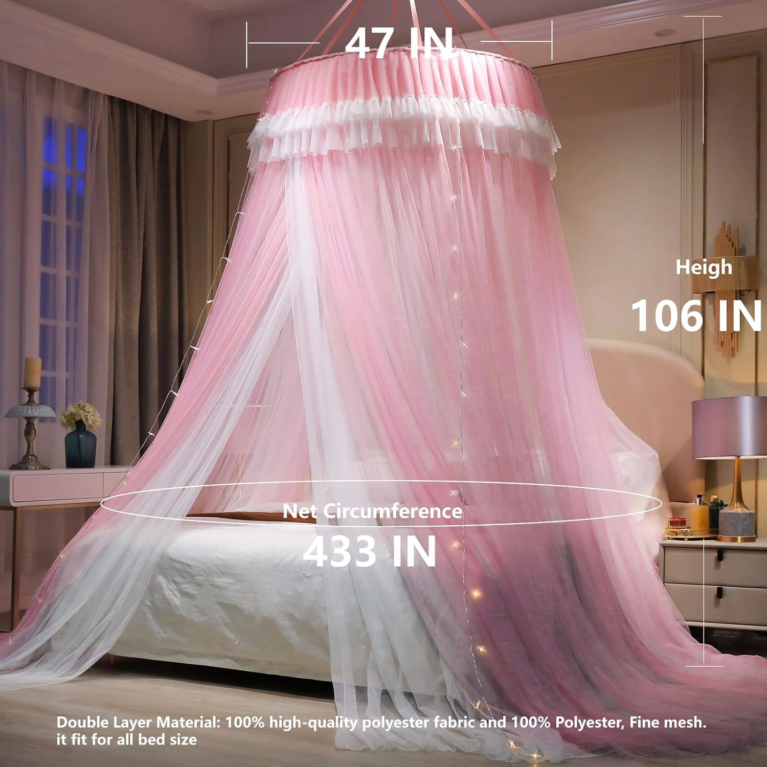 Girls and Adults Canopy Bed, Elegant Double-Layer Bed Curtain, Children's Dream Round Lace Mosquito Net, Princess Canopy Net - Fits Twin, Full, Queen, and King Beds (White/Blue)