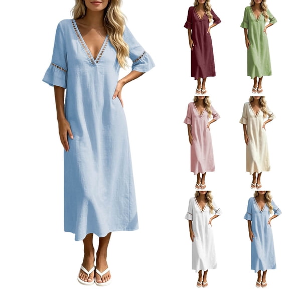 YuXingFu Dresses for Women Wedding Guest Maxi V-Neck Plus Size Womens Dress Short Sleeve for 2026 Long Casual Summer White S