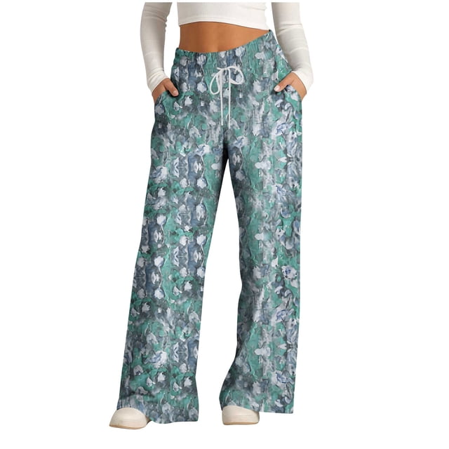 Pants for Women, Womens Fashionable Striped Printed Drawstring Wide Leg Pants