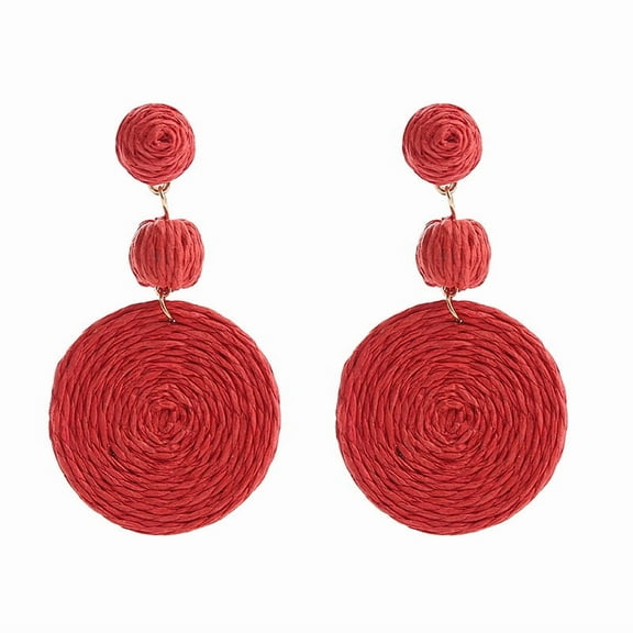 Jinswick Boho Raffia Women'S Ball Earrings, Individual Raffia Round Pendant Earrings - Summer Beach Resort Jewelry-Red