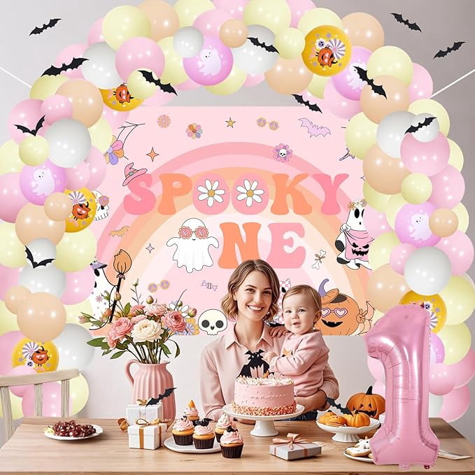 Groovy Halloween Birthday Decorations Pink Spooky One Backdrop Number 1 Foil Balloon 3D Bat Stickers Hippie Flower Ghost Printed Balloon Garland Arch Kit for Girls First Birthday Party Supplies
