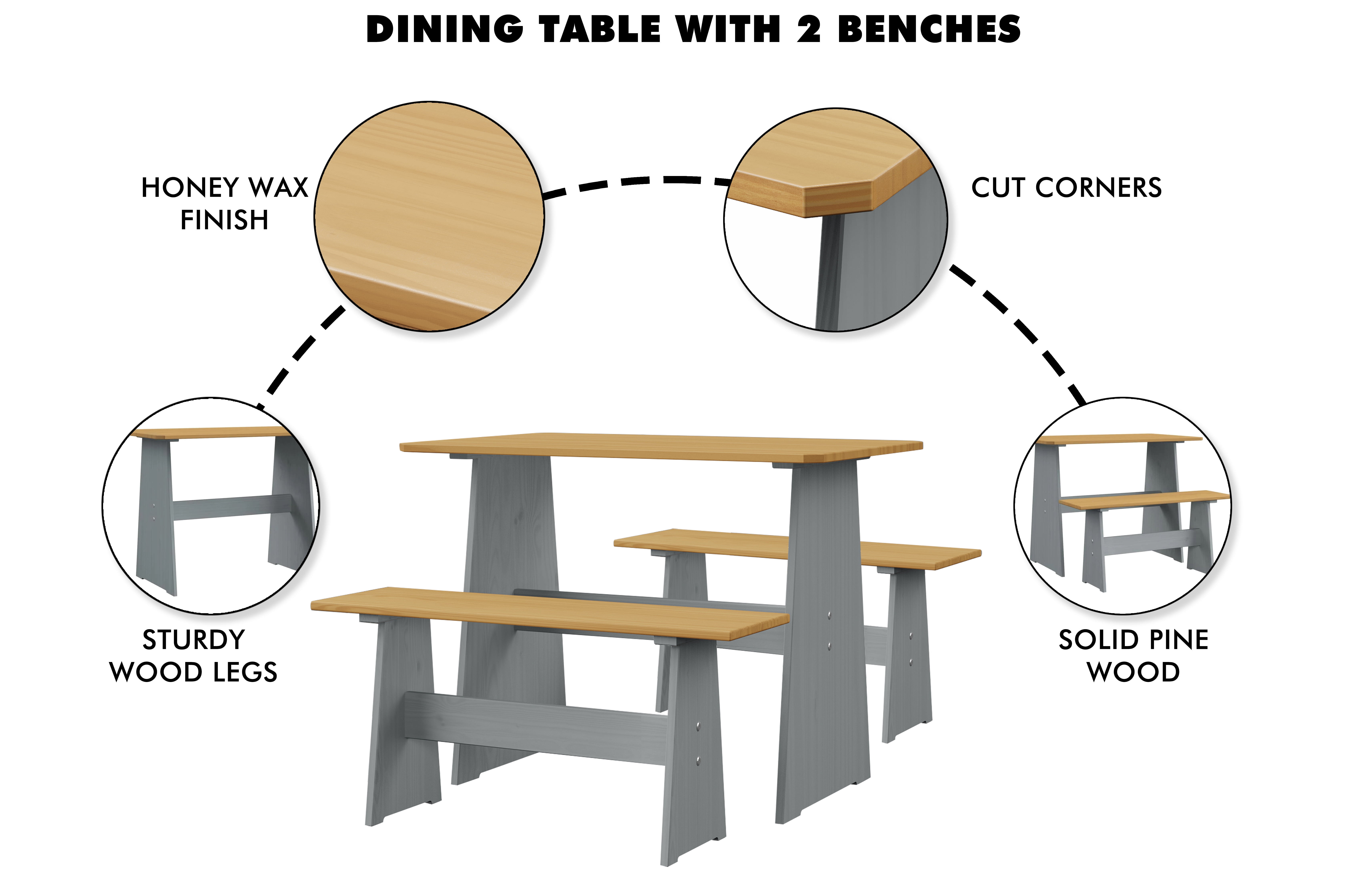 Koby Home 3 Piece Casual Dining 2-Tone  Solid Pine Wood Kitchen Table Set with 2 Benches, Kitchen Dining Set Grey  Brown