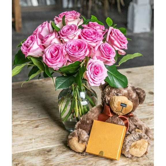 From You Flowers - One Dozen Pink Roses with a Clear Glass Vase, Chocolates, & Teddy Bear for Birthday, Anniversary, Get Well, Congratulations, Thank You, All Occasions