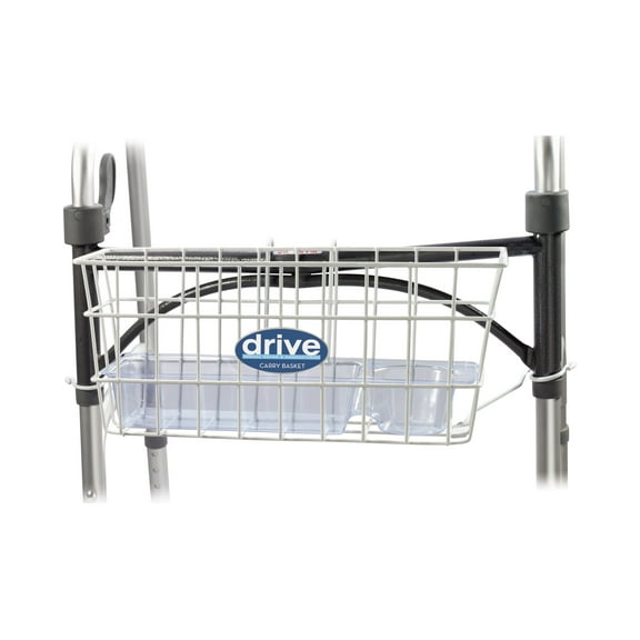 Drive Medical Walker Basket with Plastic Insert Tray and Cup Holder, Aluminum, Compatible with 1" Folding Walkers