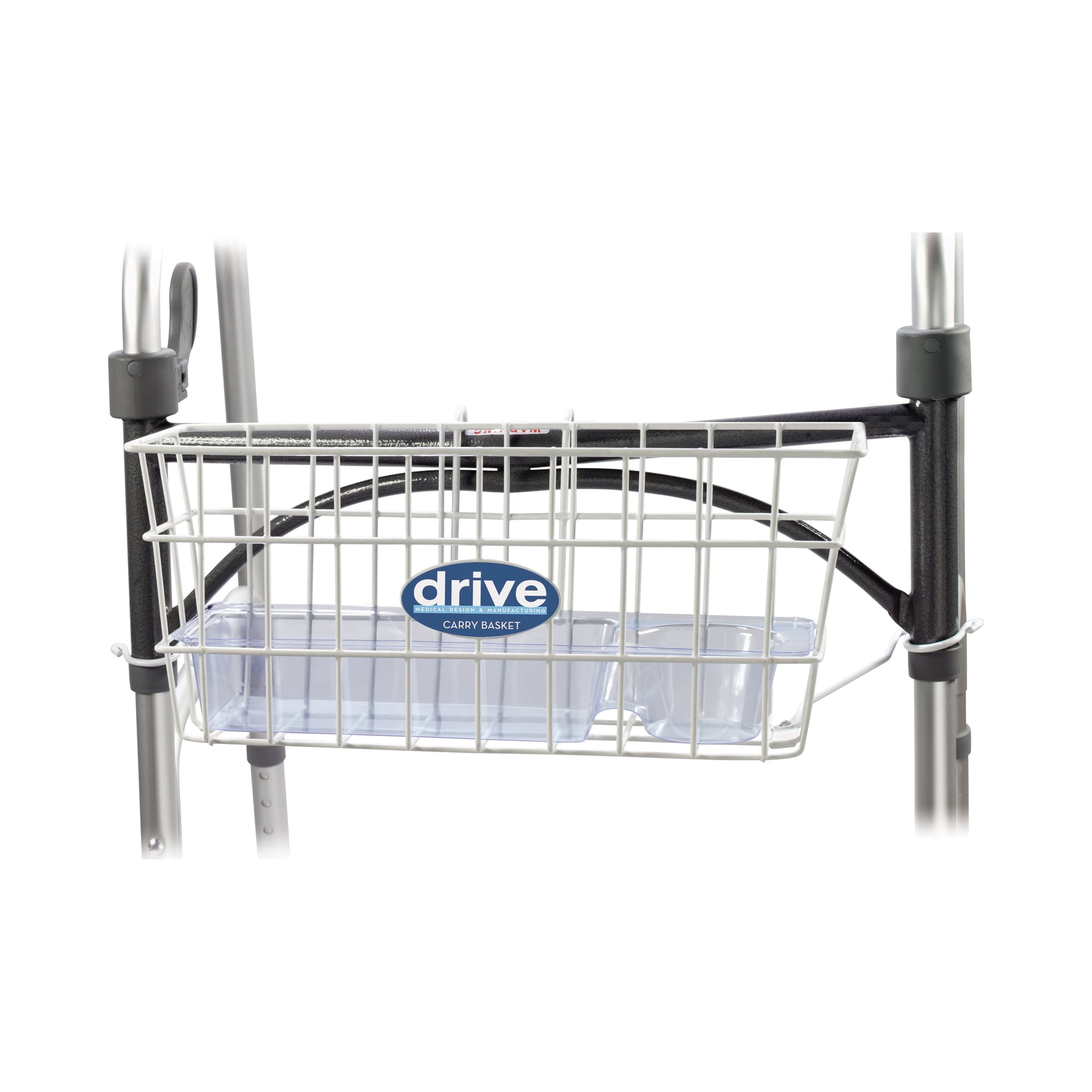 Drive Medical Walker Basket with Plastic Insert Tray and Cup Holder, Aluminum, Compatible with 1" Folding Walkers