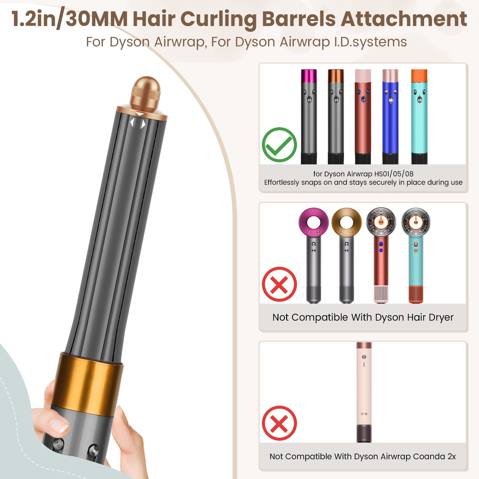 AFDD 1.25 inch Long Barrels Attachment Compatible with Dyson Airwrap Accessories Auto-Wrap Curling Barrels