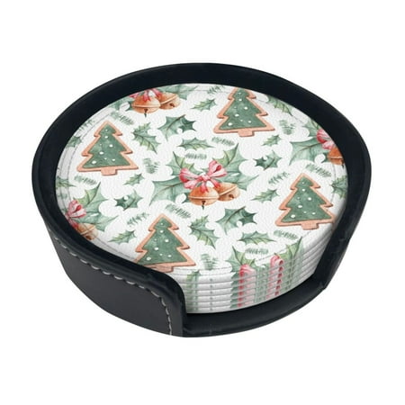 

6 Pieces Of Round Leather Coasters Anti-Fouling And Anti-Ironing Coasters Suitable For Home Restaurants Kitchen Offices And So On Seamless Pattern Watercolor Leaves Christmas Bells