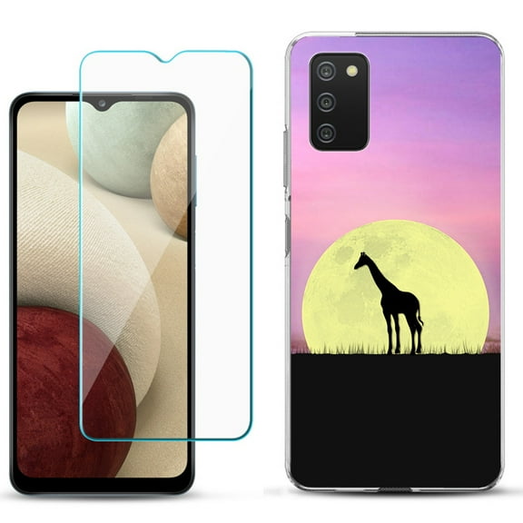 Slim-Fit TPU Phone Case Compatible with Samsung Galaxy A02s, with Tempered Glass Screen Protector, by OneToughShield ® - Moonlight Giraffe