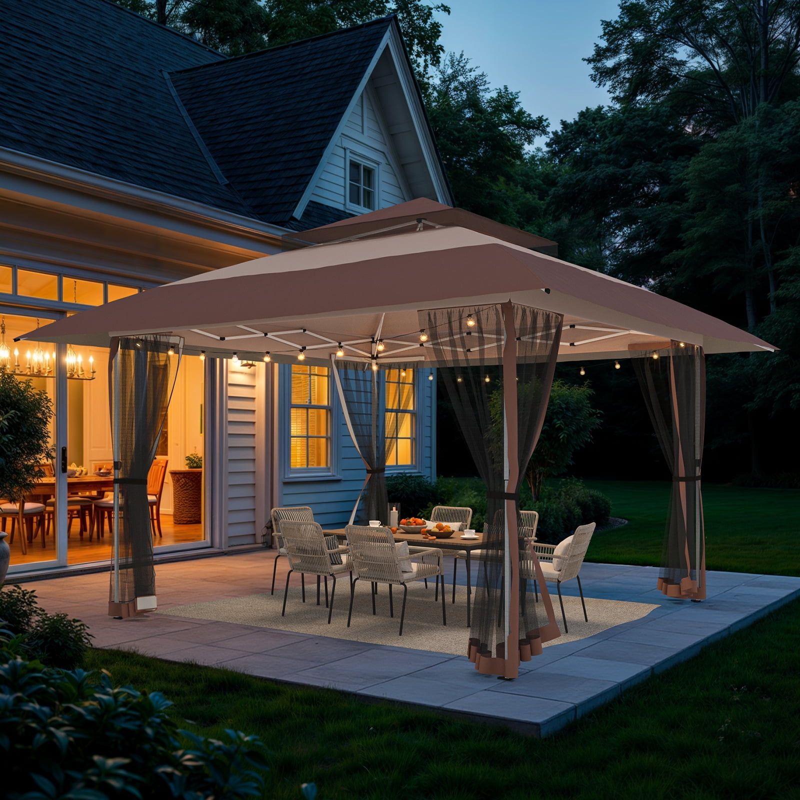 Vitarpatio 11x11 Pop Up Gazebo with Mosquito Netting, Steel Frame Pop-Up Canopy Tent Gazebos Portable Outdoor Gazebo with 2 Tier Roof, 3 Adjustable Height, Carry Bag and 4 Sandbags, Brown