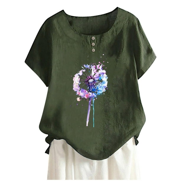 Camisas de Manga Corta para las Mujeres, Blusa de Botón de Impresión Casual con Cuello Redondo Hecha de Tela Suave Transpirable para Verano Primavera, Blusas de Manga Corta para las Mujeres