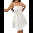 thumbnail image 2 of Vestido Mini de Verano para Mujer con Tirantes Finos, Escote Cuadrado, Sin Mangas, Cintura Fruncida, Suelto y Escalonado. Crema S, 2 of 10