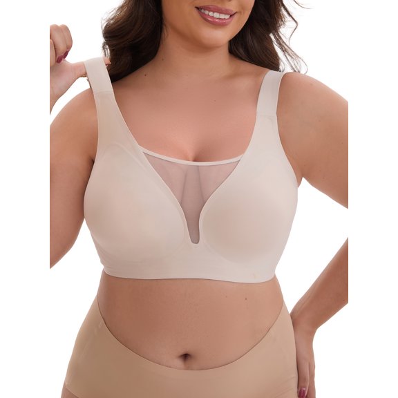 INSPIRE CHIC Women's Mesh Plunge Wirefree Full Coverage Bras Wide Straps Seamless Lightweight Soft Breathable Bra S Beige
