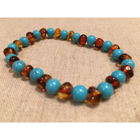 Baltic Amber Teen Adult 7.5 inch Bracelet Polished Cognac Inflammation Pain Arthritis Turquoise Asthma Air Purification