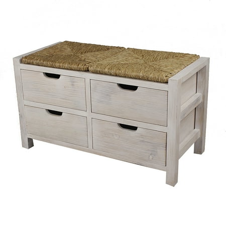 20 White Wash Wood Bench With 4 Drawers And A Seagrass Top
