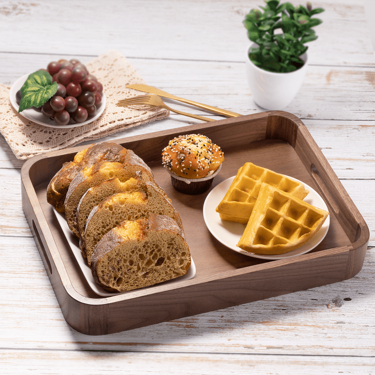 Black wooden serving online tray with handles
