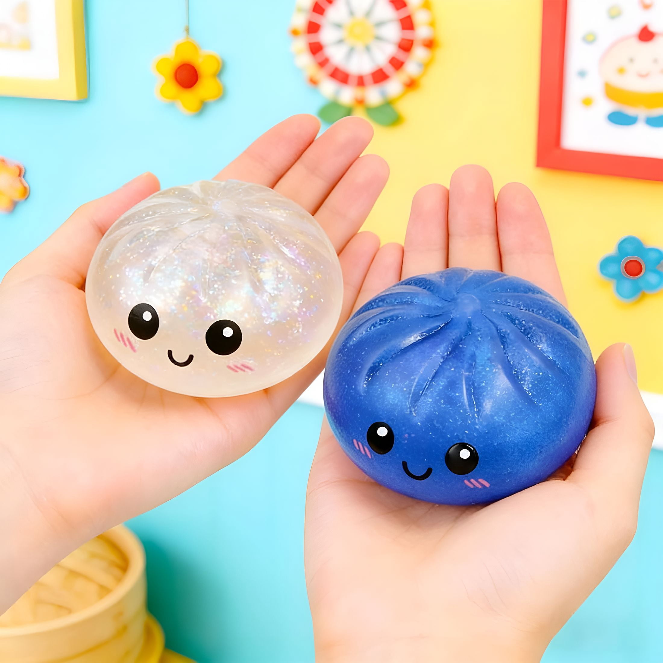 CYFW Glitter Dumpling Soft and Fluffy,New Bun Squeeze Stress Relief Ball with Steamer Box for Stress Relief (2 Pcs)