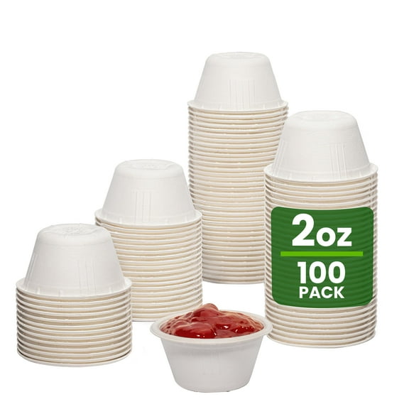 Fit Meal Prep [100 Pack] 2 Oz 100% Compostable Disposable Condiment Cups, Biodegradable Bagasse Fiber Souffle Portion Cups, Eco-Friendly Sample Cups for Tasting, Dip Sauce, Snack, Microwave Safe