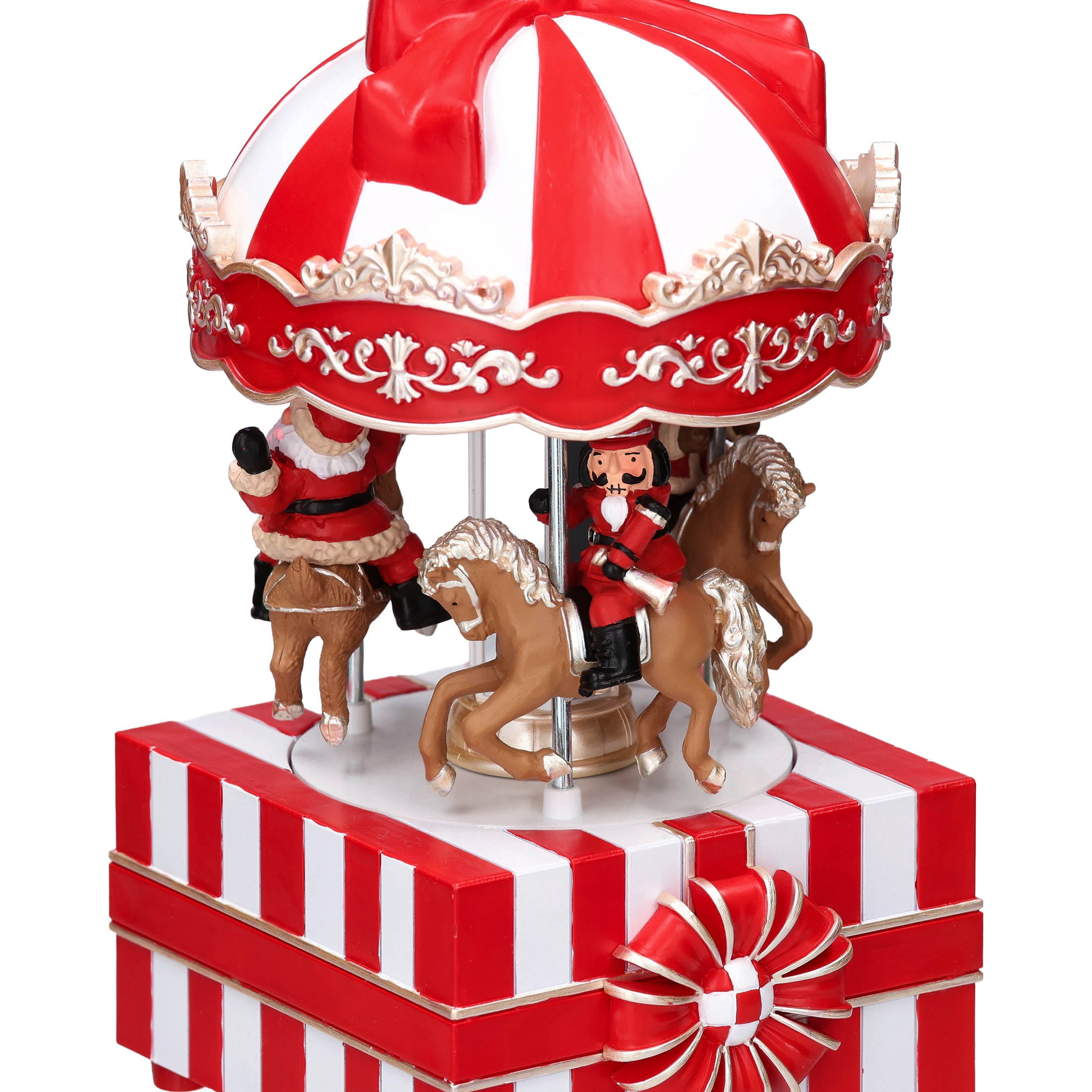Light-Up and Musical Animated Carousel with Gift Box Base Christmas Village Decoration, Red and White, 7.5", by Holiday Time