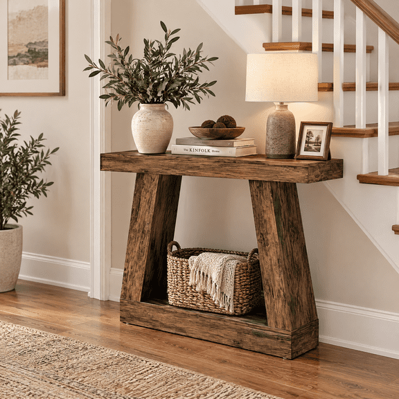 42" Farmhouse Console Table, Entryway Table with Storage Thickened Tabletop, Sofa Table with Open Bottom Shelf for Foyer Hall, Living Room, Rustic Brown