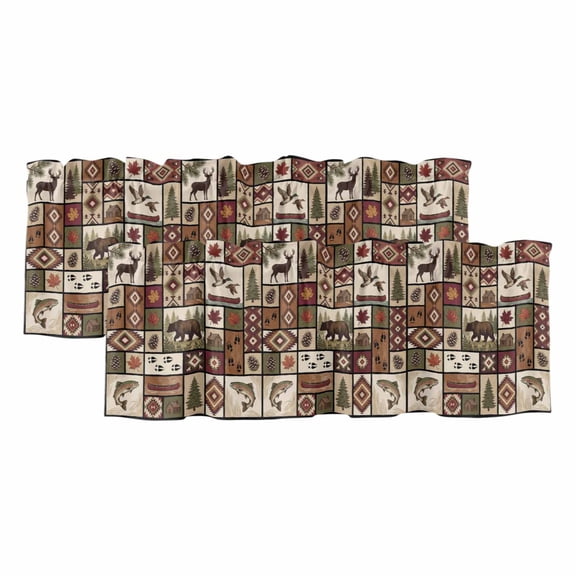 2 Pack Valances for Window, Country Patch Plaid Short Curtains for Kitchen Bedroom Living Room, Brown Farmhouse Retro Bear Deer Cabin Rod Pocket Small Window Treatment Valance Drapes 42 x 12 Inch