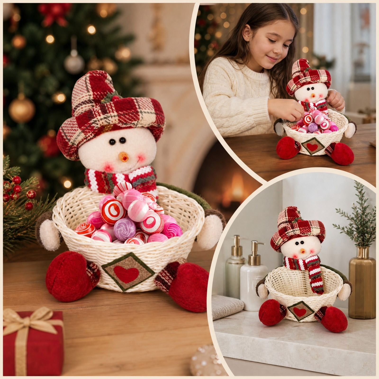 Barsme Christmas Candy Basket Santa Snowman Reindeer Woven Storage Basket Seasonal Table Decor for Treats and Gift Display