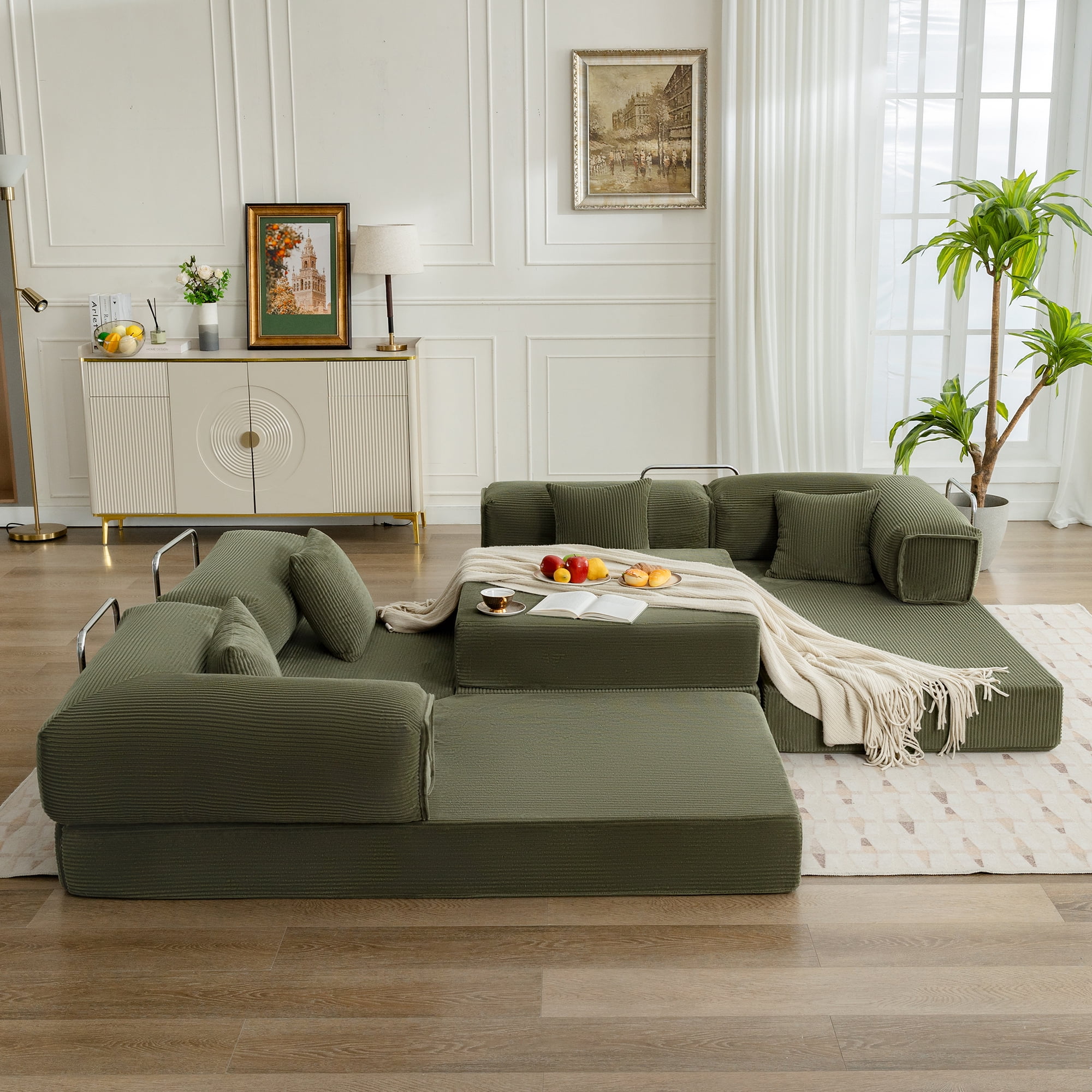 COOLHUT 106.3" W Combination Floor Sofa, High Rebound Density Sponge Sofa Couch, Modular Sectional Sofa L-Shape Corduroy Couch with Chaise, Big Comfy Sleeper Floor Sofa for Living Room,Olive Green