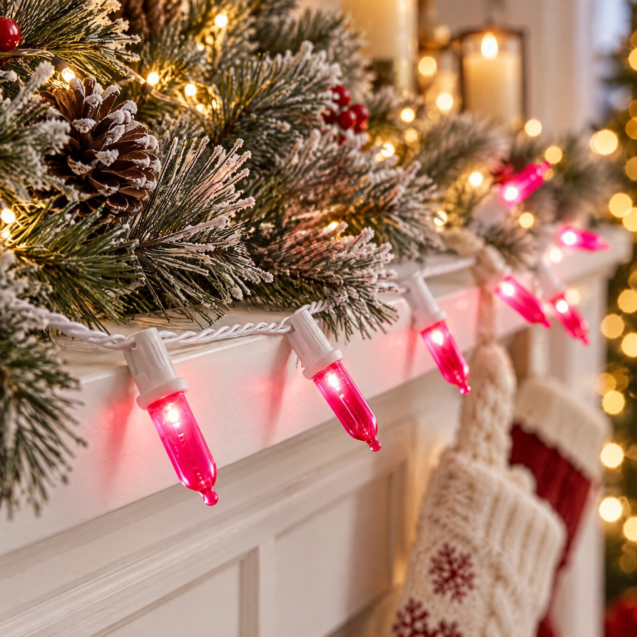 Indoor/Outdoor 100-Count LED Mini Christmas String Lights, Pink, White Wire, 19.5', by Holiday Time