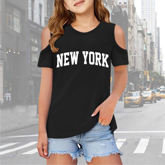 Girls T shirts Short Sleeve Cold Shoulder Crewneck Letter Print Graphic Tees Summer Casual Loose T-Shirts for Girls Size 3-4Y