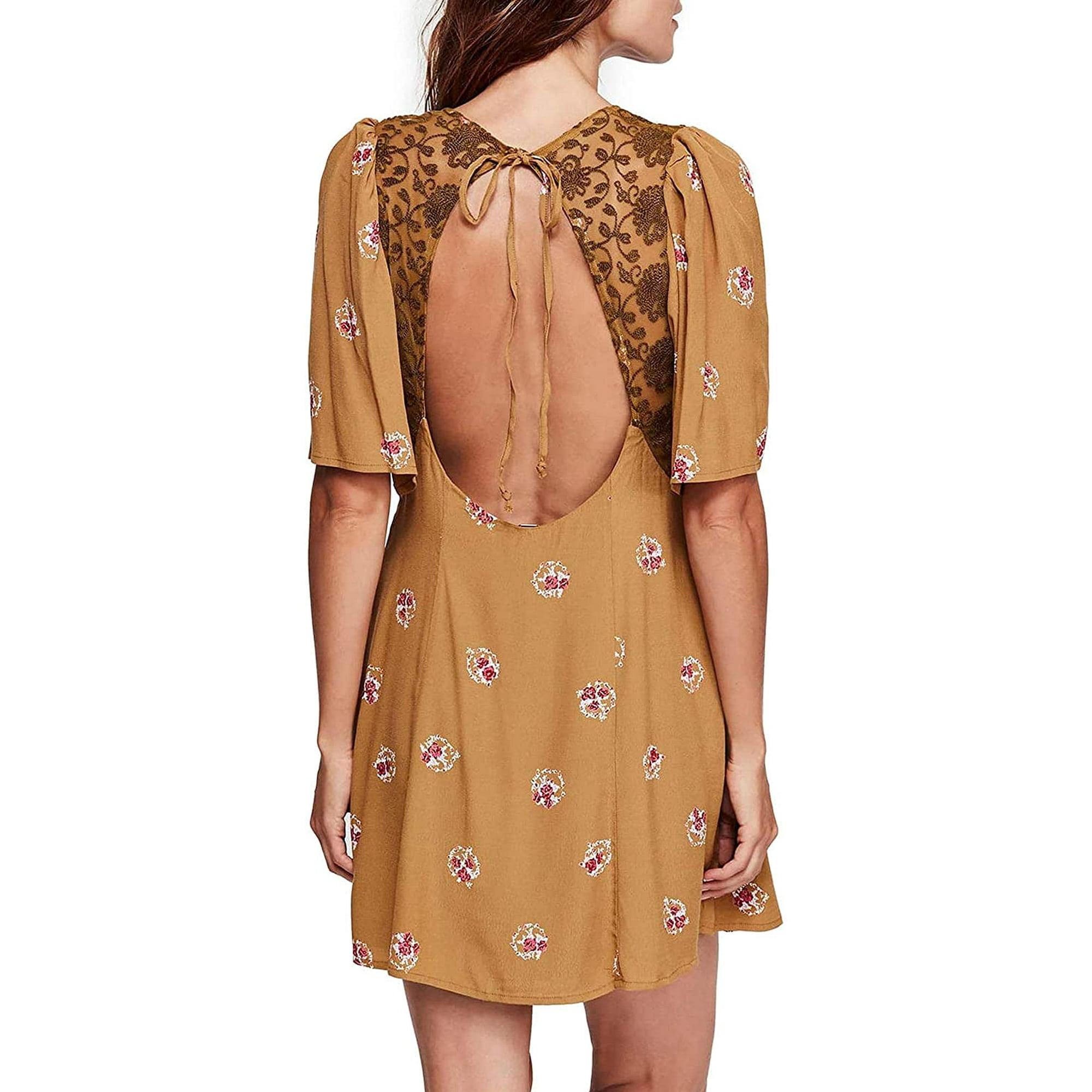 Free People Womens Mockingbird Mesh Inset Mini Dress, Brown,