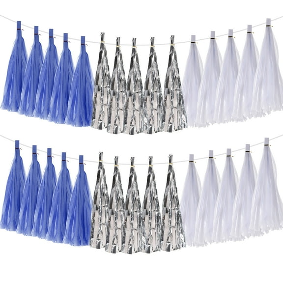 Uxcell 30Pcs Dark Blue,White,Silver Tassel Garland Banner w Rope for Wedding Birthday Party Decoration