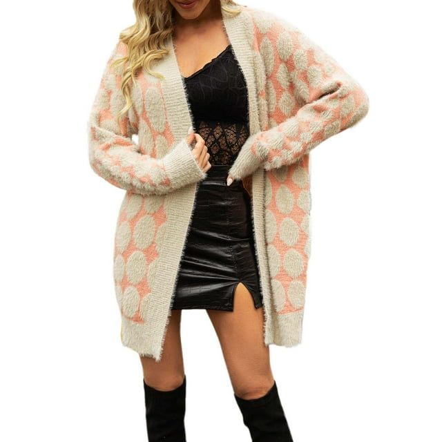 Manteau d'Hiver Automne pour Femmes Cardigan Mode Tricoté Ouvert devant Manteau Solide Chaud Trench Mi-Long Manteau Extérieur Col Rond Tricoté