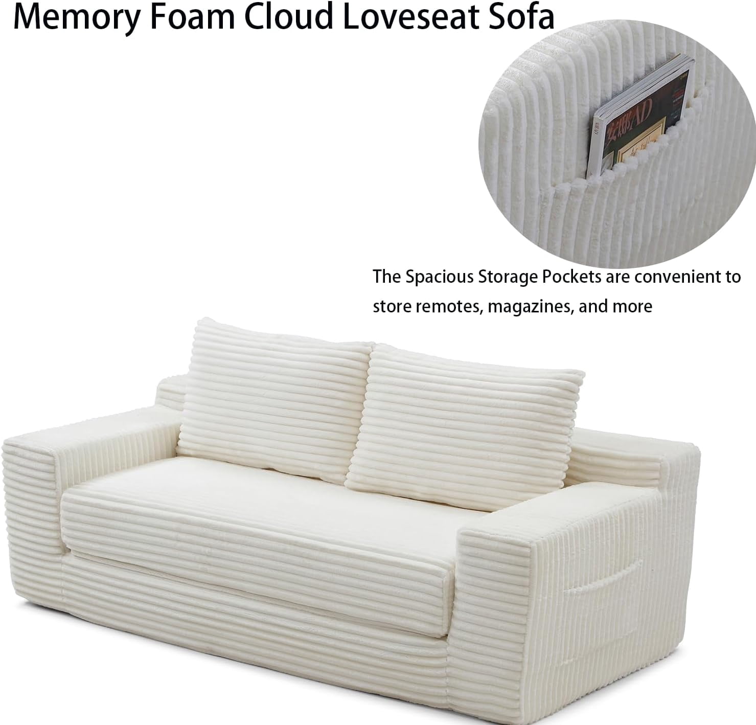 73" 2-in-1 Convertible Sofa Bed, Memory Foam Corduroy Loveseat, No Assembly, Beige