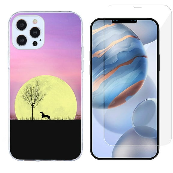 Slim-Fit Protective Phone Case compatible with iPhone 12 Pro Max, with Tempered Glass Screen Protector, by OneToughShield ® - Moonlight Dachshund