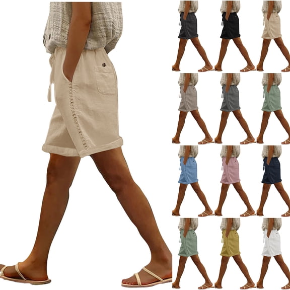 Bloomae Women Linen Shorts Casual Above Knee Length Bermuda Shorts with Lace Side Hollow Summer Drawstring Elastic Waist Beach Lightweight Vacation Short Pants with Pockets Gray XXXXL