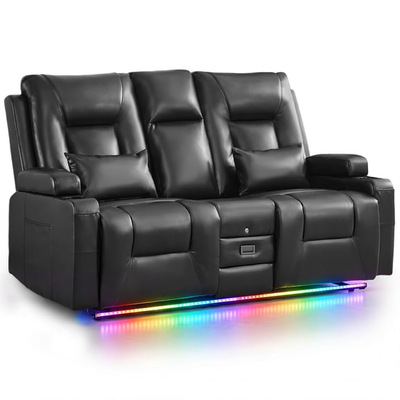 IPKIG LED Manual Reclining Loveseat Sofa with Console, 2 USB Ports, Power Outlet, Cup Holders, Bluetooth Speakers for Home Theater, Faux Leather Black