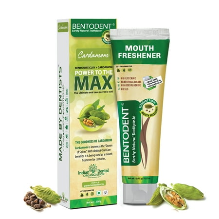 BENTODENT Calcium Bentonite Clay Natural Toothpaste - Fluoride Free, SLS Free, Cruelty-Free, Vegan,Herbal,Ayurveda Inspired, Freshens Breath, and Gentle Whitening - Adult & Kids (Cardamaom)
