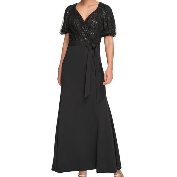 DKNY Womens Puff Sleeve Full-Length A-line Dress, Black, 0