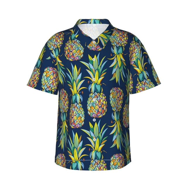 Balery Colorful Pineapples Camisas hawaianas de manga corta para hombre, camisas playeras de corte holgado, camisas de vacaciones con botones,Small