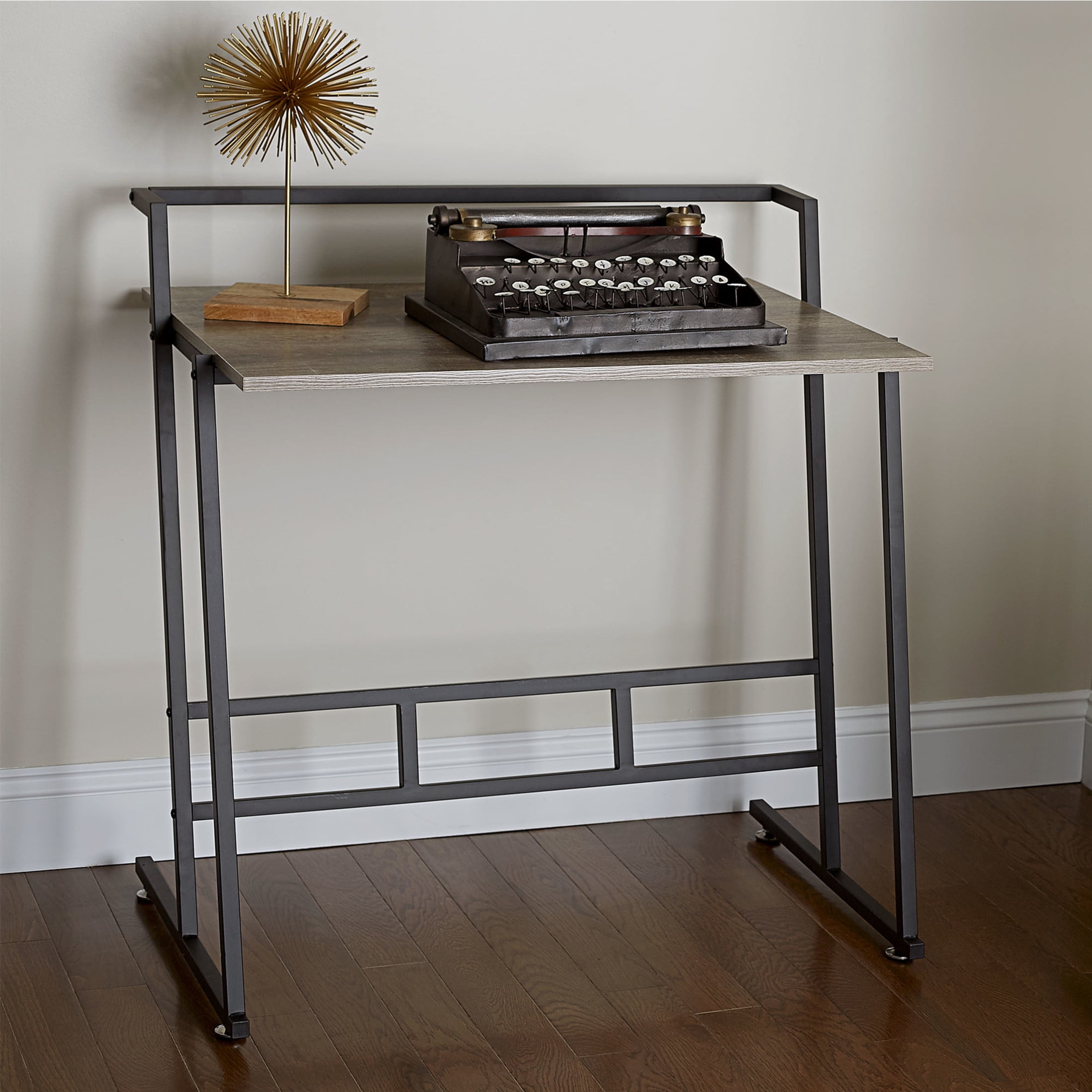 Household Essentials Jamestown Small Office Desk Ashwood Rustic Wood Grain and Black Metal