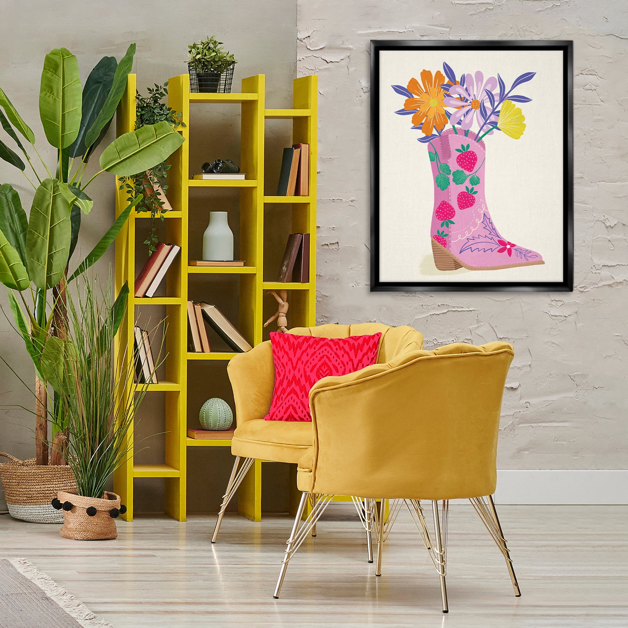 Stupell Industries Strawberry Patterned Floral Boots Plants & Flowers Painting Black Floater Framed Canvas Art Print Wall Art, 25 x 31