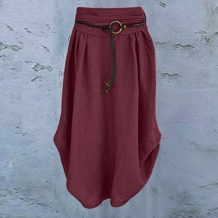 

XIAOFFENN Mini Skirt Set Short Skirts For Women Sexy Lingerie Women S Fashion Casual Solid Loose Sashes Mid-Calf Cotton Linen Skirt Mini Skirt With Slit