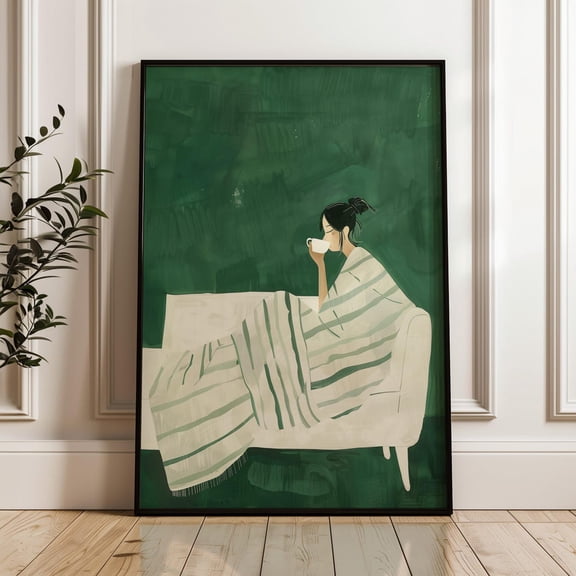 Woman Relaxing With Coffee Wall Art, Cozy Minimalist Illustration With Striped Blanket, Tranquil Wall Art, Modern Wall Decor, 8x12 UNFRAMED