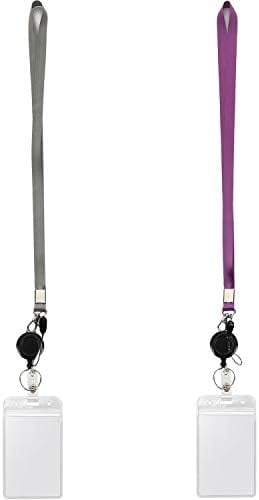 YOUOWO 2 Pack Lanyards with Vertical ID Badge Holders and Retractable Badge Reel with Clips,Office Neck Grey Purple Lanyard Waterproof